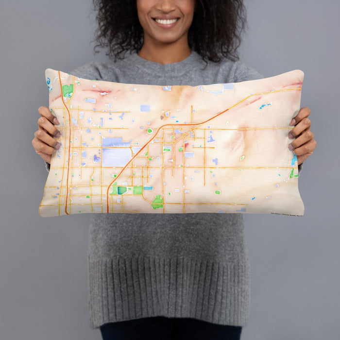 Person holding 20x12 Custom Clovis California Map Throw Pillow in Watercolor