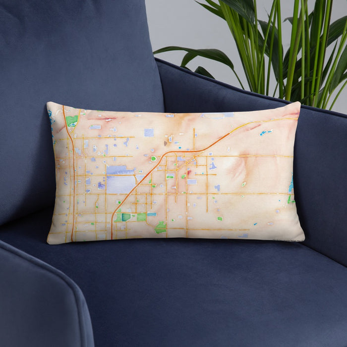 Custom Clovis California Map Throw Pillow in Watercolor on Blue Colored Chair