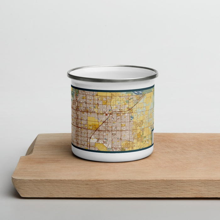 Front View Custom Clovis California Map Enamel Mug in Woodblock on Cutting Board