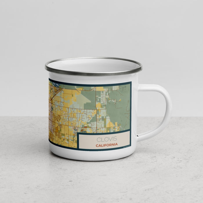 Right View Custom Clovis California Map Enamel Mug in Woodblock
