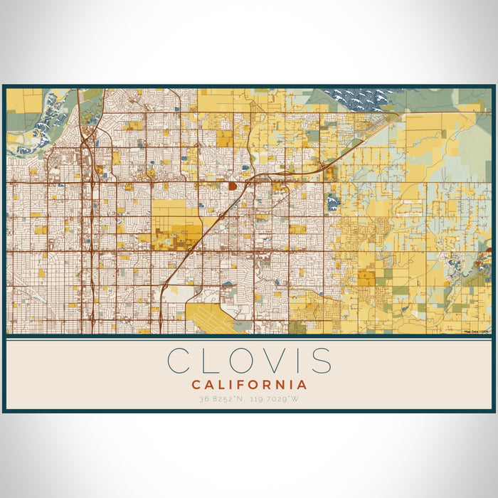Clovis California Map Print Landscape Orientation in Woodblock Style With Shaded Background