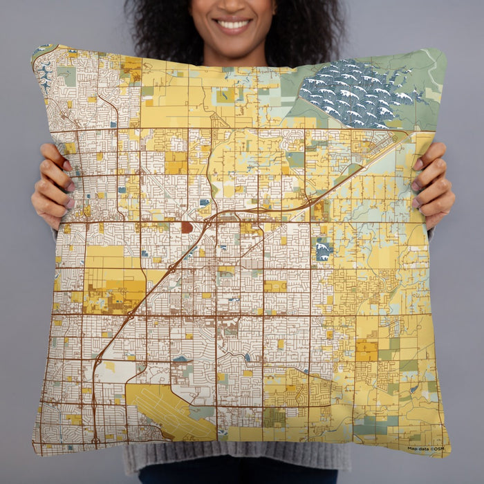 Person holding 22x22 Custom Clovis California Map Throw Pillow in Woodblock