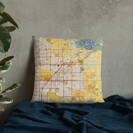 Custom Clovis California Map Throw Pillow in Woodblock on Bedding Against Wall