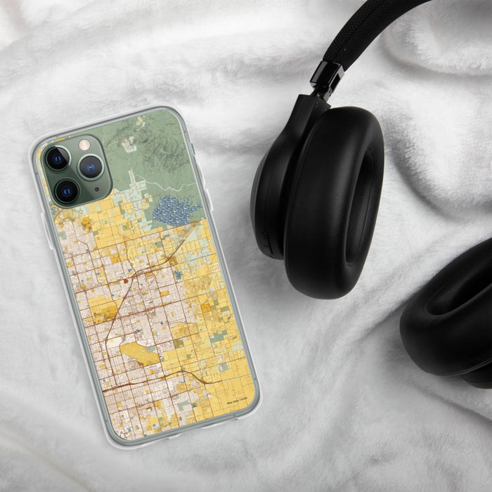 Custom Clovis California Map Phone Case in Woodblock on Table with Black Headphones