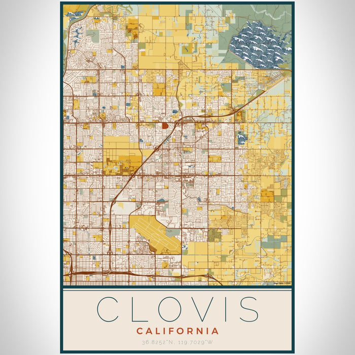 Clovis California Map Print Portrait Orientation in Woodblock Style With Shaded Background