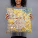 Person holding 18x18 Custom Clovis California Map Throw Pillow in Woodblock