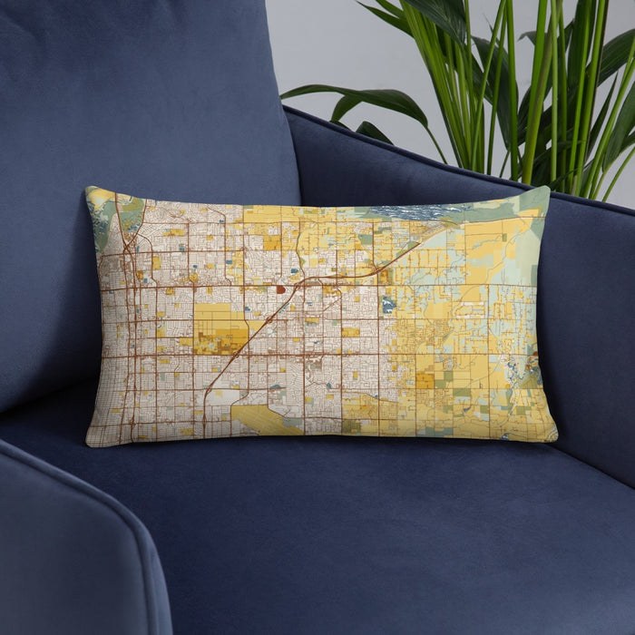 Custom Clovis California Map Throw Pillow in Woodblock on Blue Colored Chair