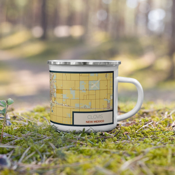 Right View Custom Clovis New Mexico Map Enamel Mug in Woodblock on Grass With Trees in Background