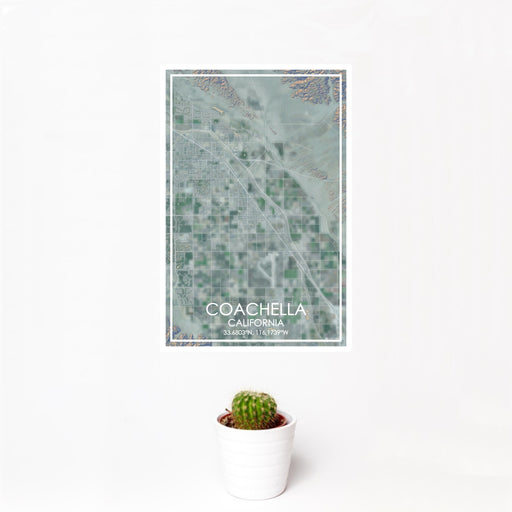 12x18 Coachella California Map Print Portrait Orientation in Afternoon Style With Small Cactus Plant in White Planter