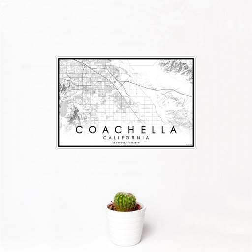 12x18 Coachella California Map Print Landscape Orientation in Classic Style With Small Cactus Plant in White Planter