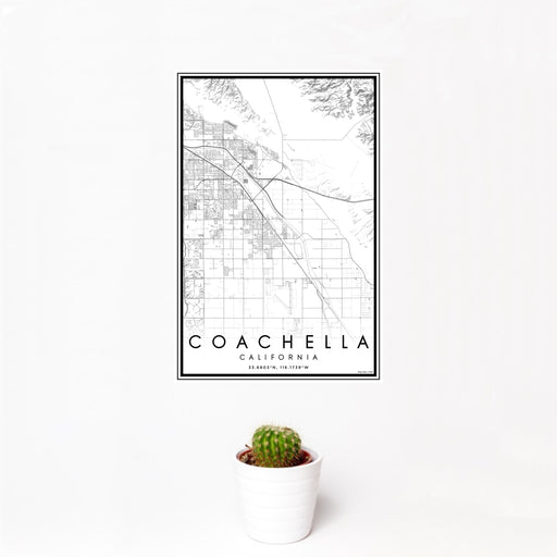 12x18 Coachella California Map Print Portrait Orientation in Classic Style With Small Cactus Plant in White Planter
