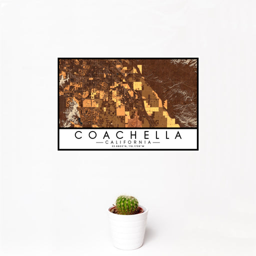 12x18 Coachella California Map Print Landscape Orientation in Ember Style With Small Cactus Plant in White Planter