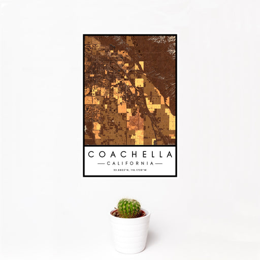 12x18 Coachella California Map Print Portrait Orientation in Ember Style With Small Cactus Plant in White Planter
