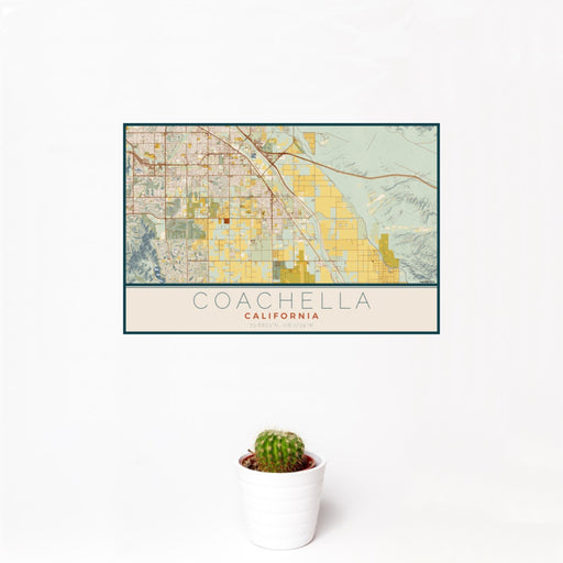 12x18 Coachella California Map Print Landscape Orientation in Woodblock Style With Small Cactus Plant in White Planter