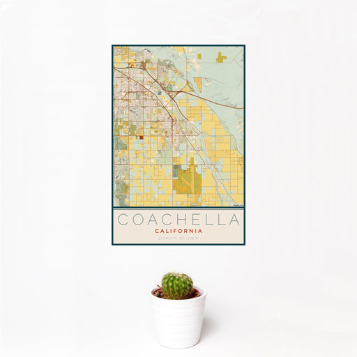 12x18 Coachella California Map Print Portrait Orientation in Woodblock Style With Small Cactus Plant in White Planter