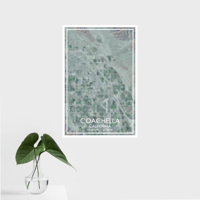 16x24 Coachella California Map Print Portrait Orientation in Afternoon Style With Tropical Plant Leaves in Water