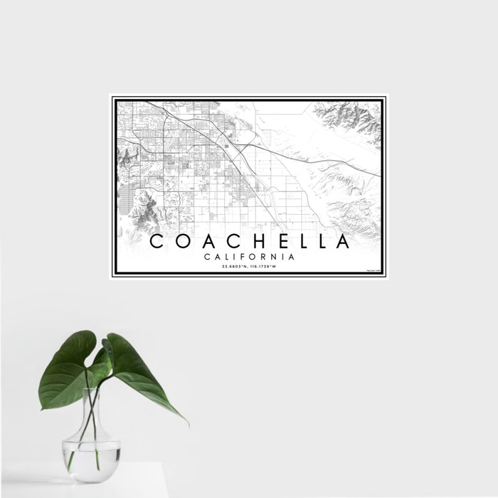 16x24 Coachella California Map Print Landscape Orientation in Classic Style With Tropical Plant Leaves in Water