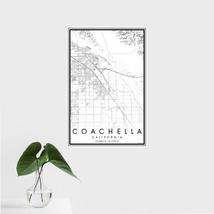 16x24 Coachella California Map Print Portrait Orientation in Classic Style With Tropical Plant Leaves in Water