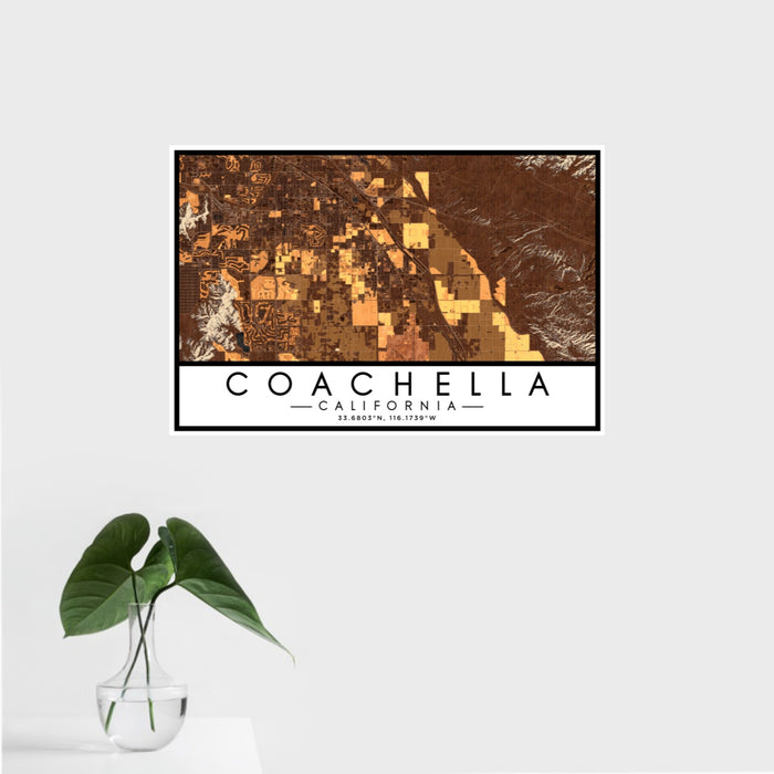 16x24 Coachella California Map Print Landscape Orientation in Ember Style With Tropical Plant Leaves in Water