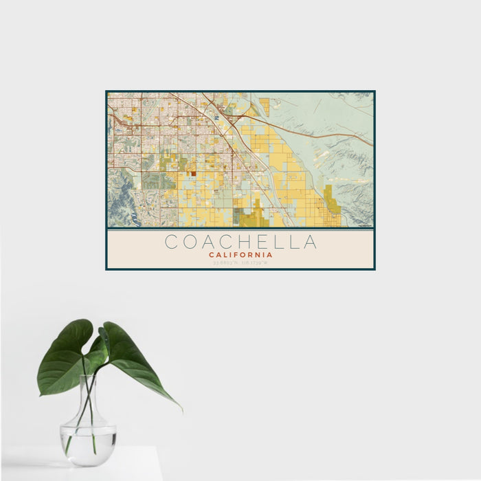 16x24 Coachella California Map Print Landscape Orientation in Woodblock Style With Tropical Plant Leaves in Water