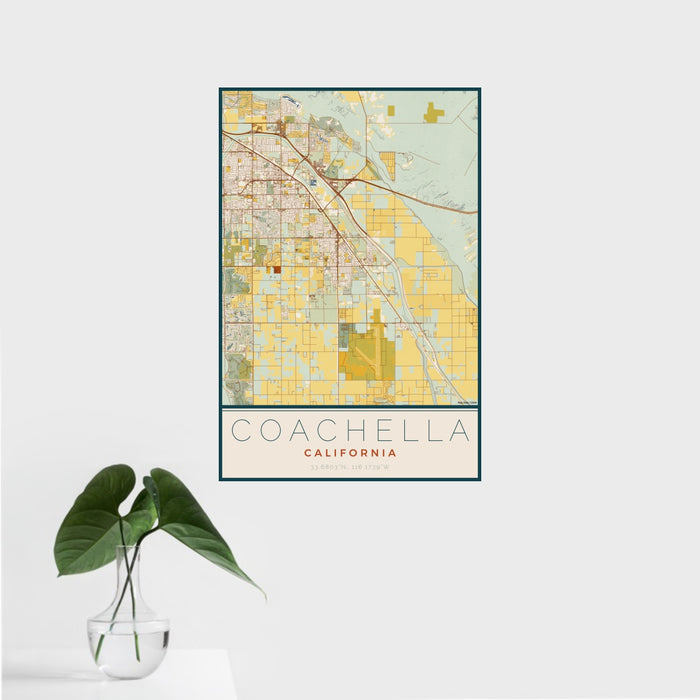 16x24 Coachella California Map Print Portrait Orientation in Woodblock Style With Tropical Plant Leaves in Water