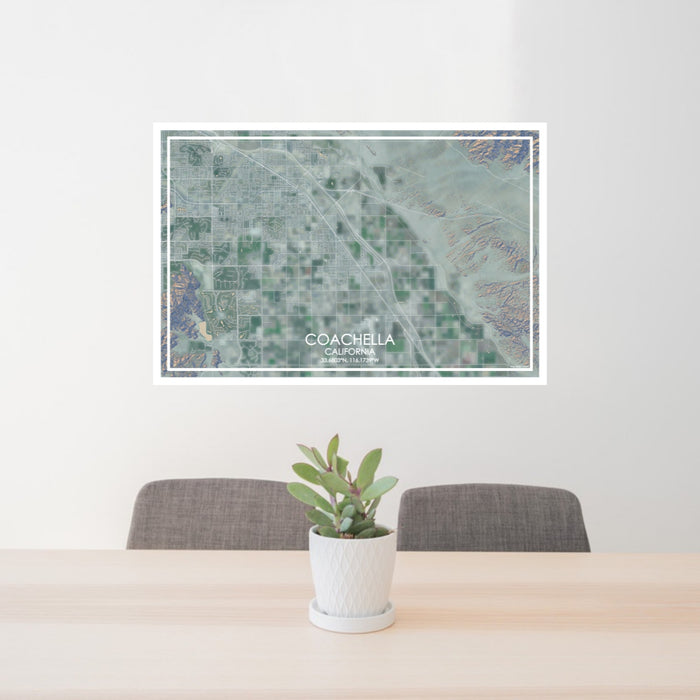24x36 Coachella California Map Print Lanscape Orientation in Afternoon Style Behind 2 Chairs Table and Potted Plant