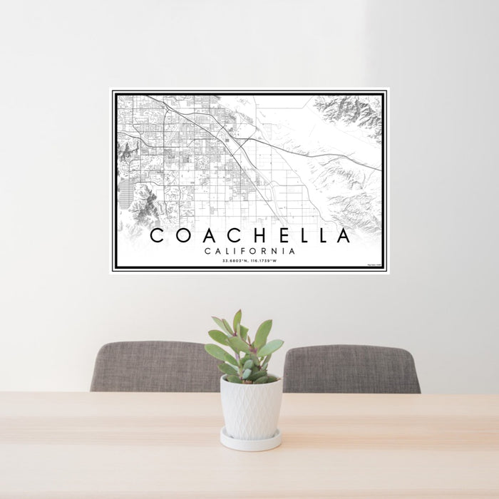 24x36 Coachella California Map Print Lanscape Orientation in Classic Style Behind 2 Chairs Table and Potted Plant