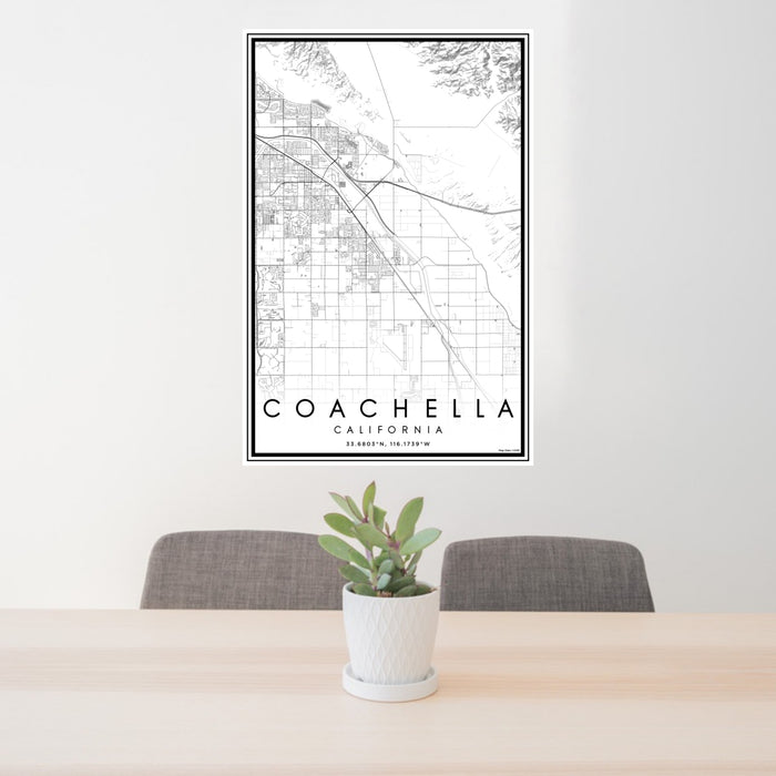 24x36 Coachella California Map Print Portrait Orientation in Classic Style Behind 2 Chairs Table and Potted Plant