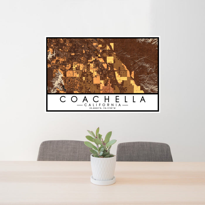 24x36 Coachella California Map Print Lanscape Orientation in Ember Style Behind 2 Chairs Table and Potted Plant