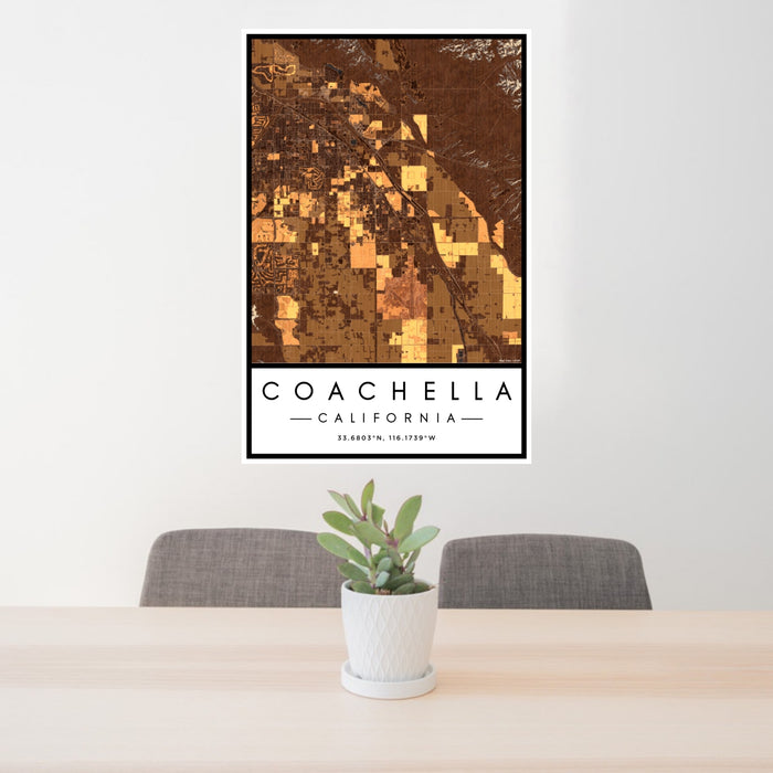 24x36 Coachella California Map Print Portrait Orientation in Ember Style Behind 2 Chairs Table and Potted Plant