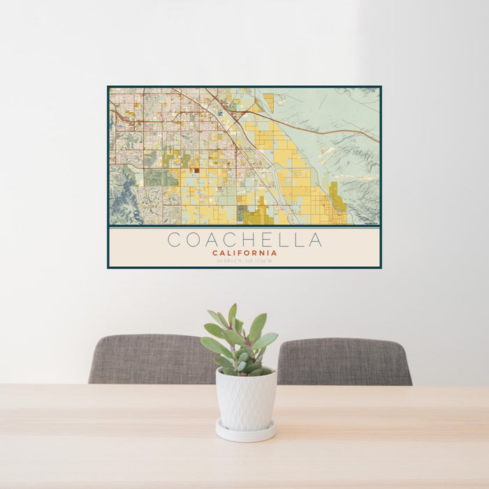 24x36 Coachella California Map Print Lanscape Orientation in Woodblock Style Behind 2 Chairs Table and Potted Plant