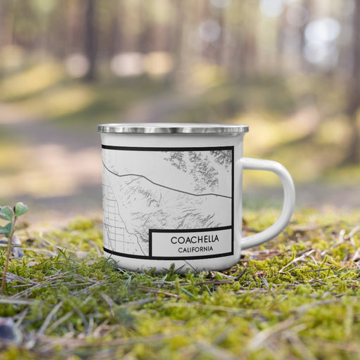 Right View Custom Coachella California Map Enamel Mug in Classic on Grass With Trees in Background