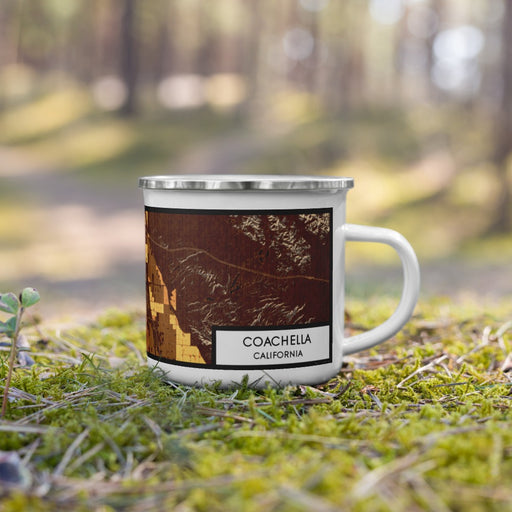 Right View Custom Coachella California Map Enamel Mug in Ember on Grass With Trees in Background
