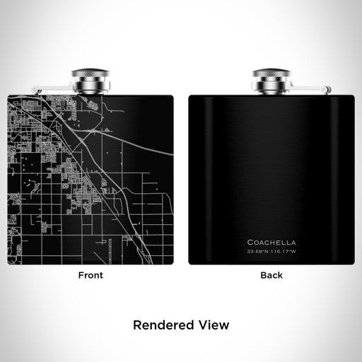 Rendered View of Coachella California Map Engraving on 6oz Stainless Steel Flask in Black