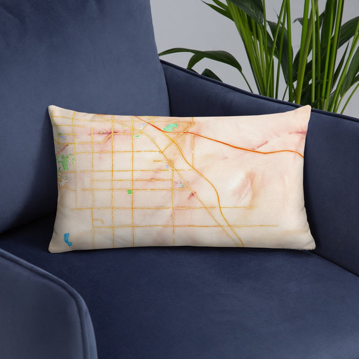 Custom Coachella California Map Throw Pillow in Watercolor on Blue Colored Chair