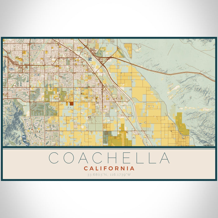 Coachella California Map Print Landscape Orientation in Woodblock Style With Shaded Background
