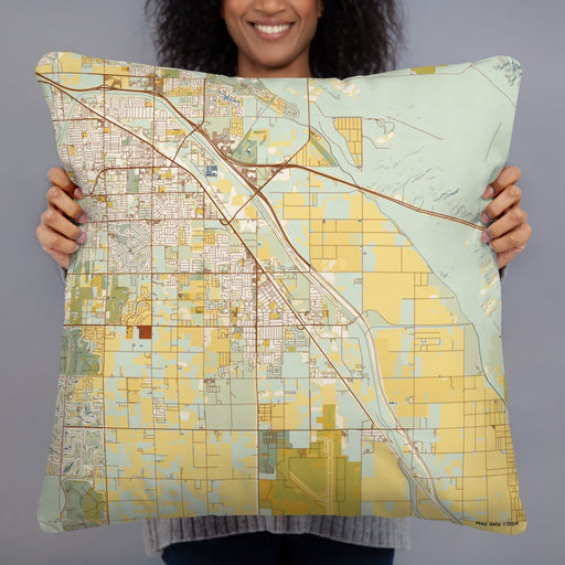 Person holding 22x22 Custom Coachella California Map Throw Pillow in Woodblock