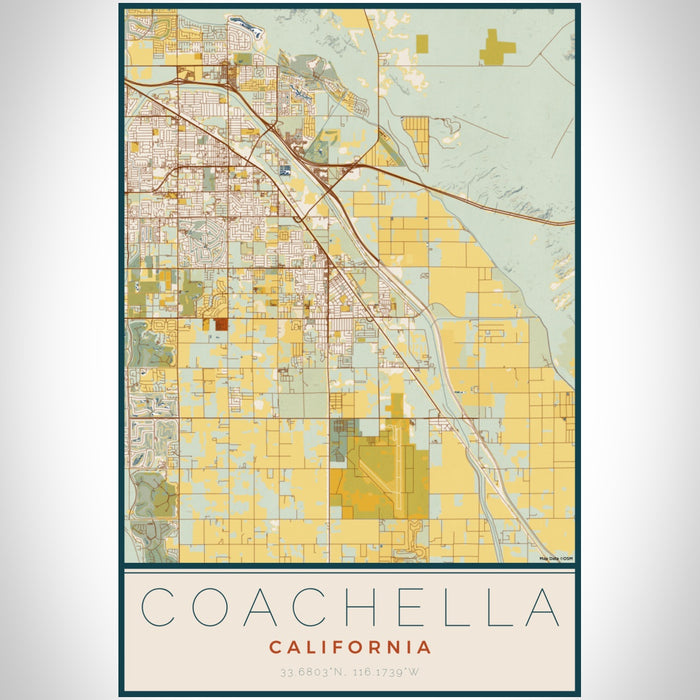 Coachella California Map Print Portrait Orientation in Woodblock Style With Shaded Background