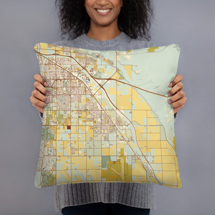 Person holding 18x18 Custom Coachella California Map Throw Pillow in Woodblock