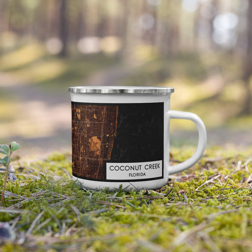 Right View Custom Coconut Creek Florida Map Enamel Mug in Ember on Grass With Trees in Background