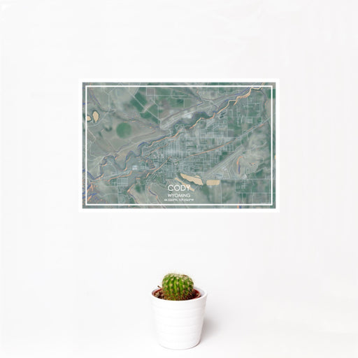 12x18 Cody Wyoming Map Print Landscape Orientation in Afternoon Style With Small Cactus Plant in White Planter