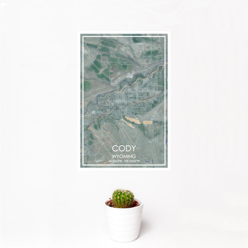 12x18 Cody Wyoming Map Print Portrait Orientation in Afternoon Style With Small Cactus Plant in White Planter