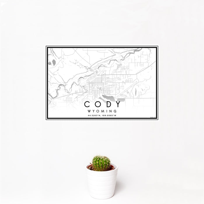 12x18 Cody Wyoming Map Print Landscape Orientation in Classic Style With Small Cactus Plant in White Planter