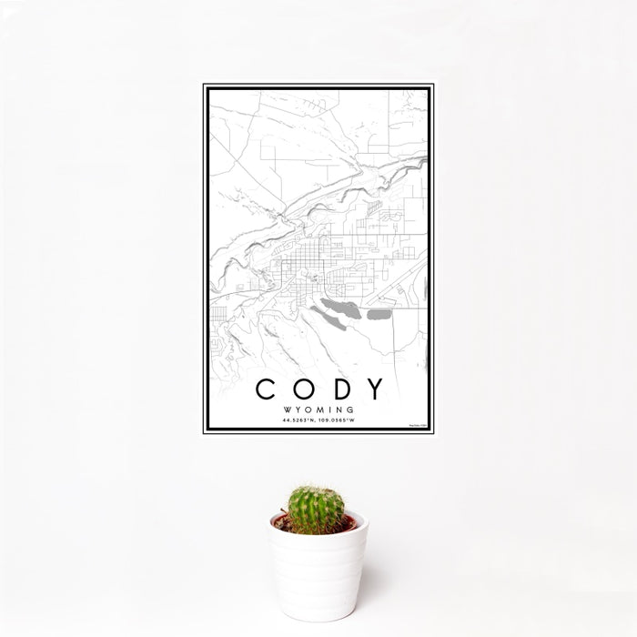 12x18 Cody Wyoming Map Print Portrait Orientation in Classic Style With Small Cactus Plant in White Planter