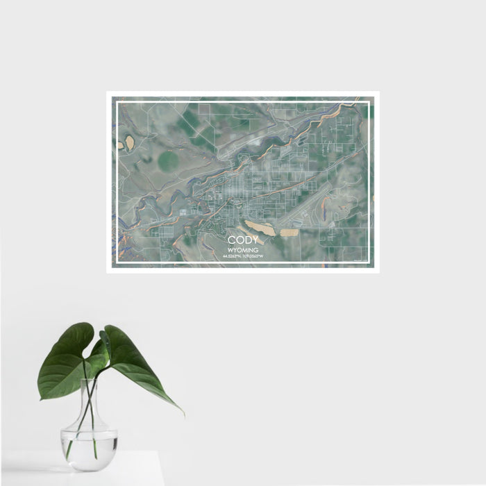 16x24 Cody Wyoming Map Print Landscape Orientation in Afternoon Style With Tropical Plant Leaves in Water