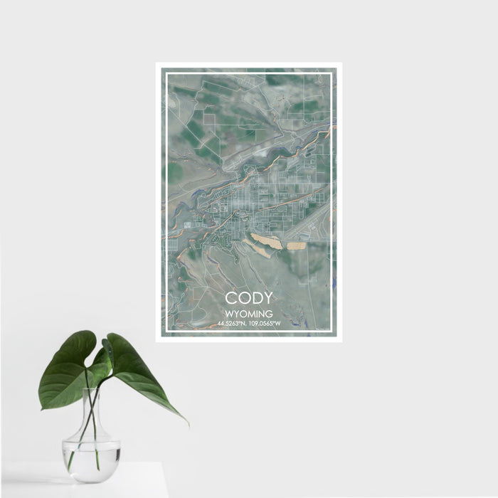 16x24 Cody Wyoming Map Print Portrait Orientation in Afternoon Style With Tropical Plant Leaves in Water