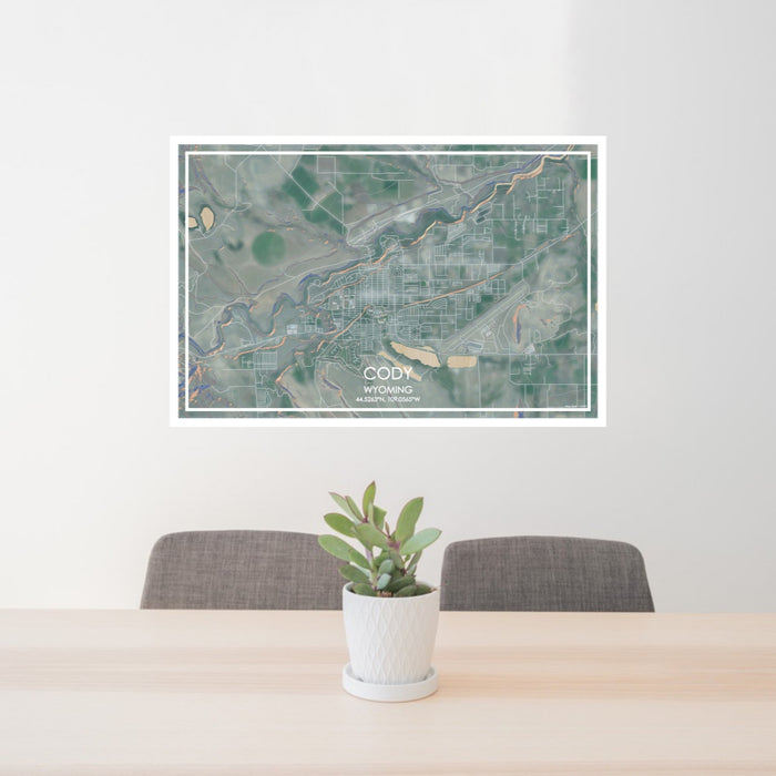 24x36 Cody Wyoming Map Print Lanscape Orientation in Afternoon Style Behind 2 Chairs Table and Potted Plant