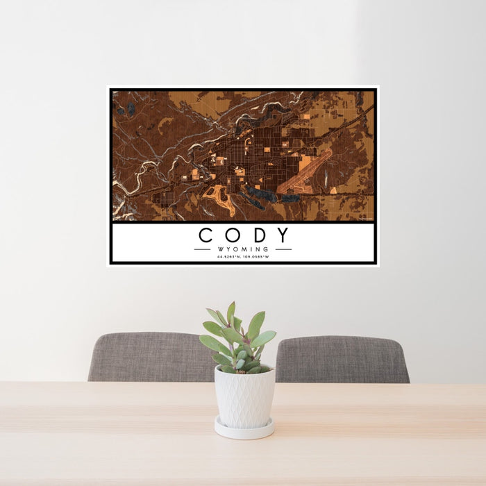 24x36 Cody Wyoming Map Print Lanscape Orientation in Ember Style Behind 2 Chairs Table and Potted Plant