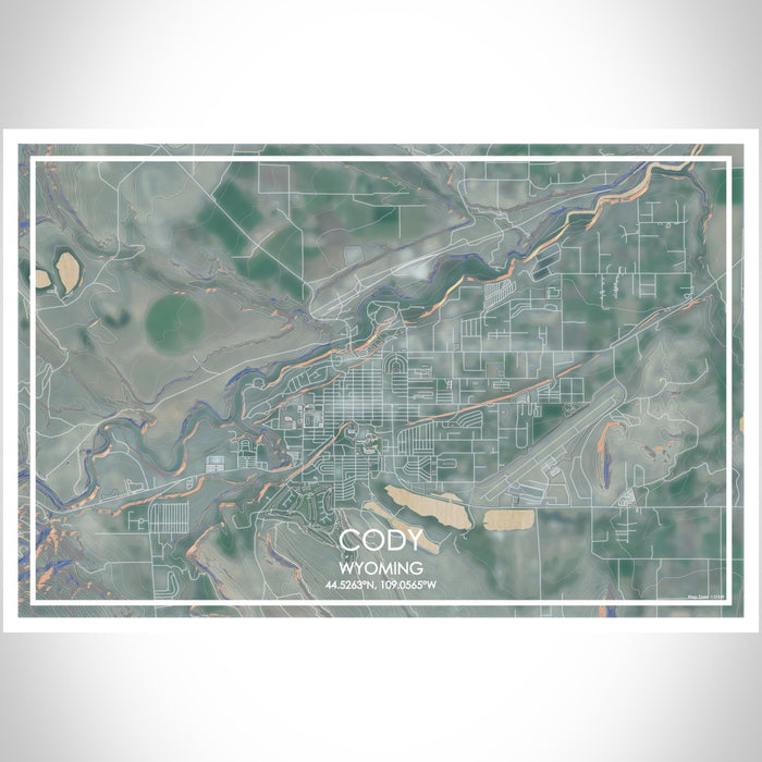 Cody Wyoming Map Print Landscape Orientation in Afternoon Style With Shaded Background