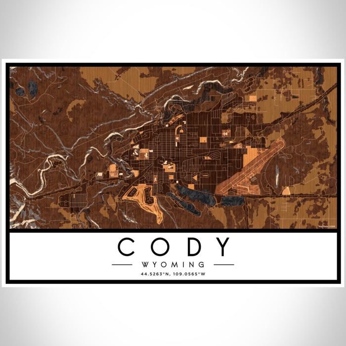Cody Wyoming Map Print Landscape Orientation in Ember Style With Shaded Background